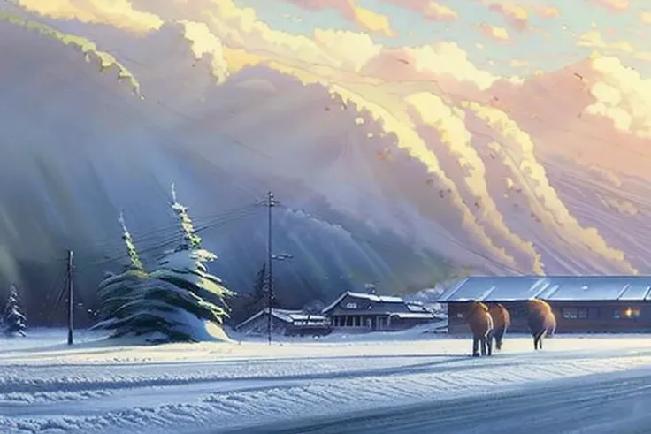 snowapocalypse Create a high resolution artwork of lofi, it was a snow cloud, shimmering and glowing in the sunlight. in the winter by makoto shinkai and ghibli studio, highly detailed, incredible quality, trending on artstation, masterpiece, 8k