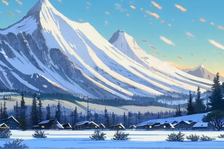 snowapocalypse Create a high resolution artwork landscape artwork of mountains in the background, fields in the forground, snow fall, falling snow, clouds shimmering and glowing in the sunlight, in the winter by makoto shinkai and ghibli studio, highly detailed, incredible quality, trending on artstation, masterpiece, 8k
 dangergoose, sharp details, extreme detail