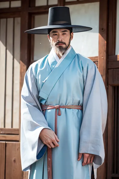 1male, older, grandfather, hanbok, upper body, hat, korean, white hair, white very long beard, <lora:hanbok_m_v4-000002:0.6>