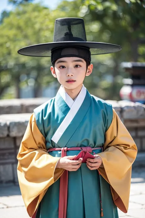 1boy, , aged down, hanbok, upper body, hat, korean, <lora:hanbok_m_v4-000002:0.6>