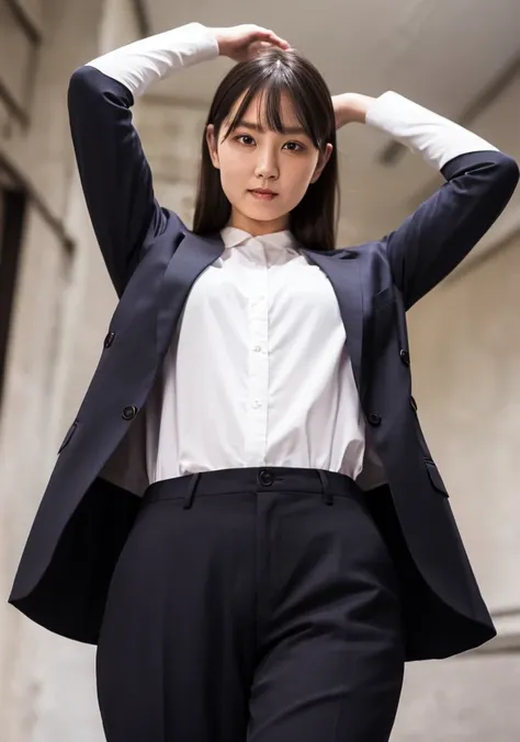 (alley,night,night_sky,
business suit,dark_jacket,black_trousers,white_shirt,),
 ,arms_up,
tight white gloves,
from below,
( facing viewer), 
(parted lips),happy,
smile,(detailed eyes,bright pupils),shiny skin, skindentation,
<lora:hipoly3DModelLora_hiqcgbody:0.15> hiqcgbody,big eyes,unparalleled masterpiece, ultra realistic 8k CG, clean, beautiful face, shiny skin,(skindentation),