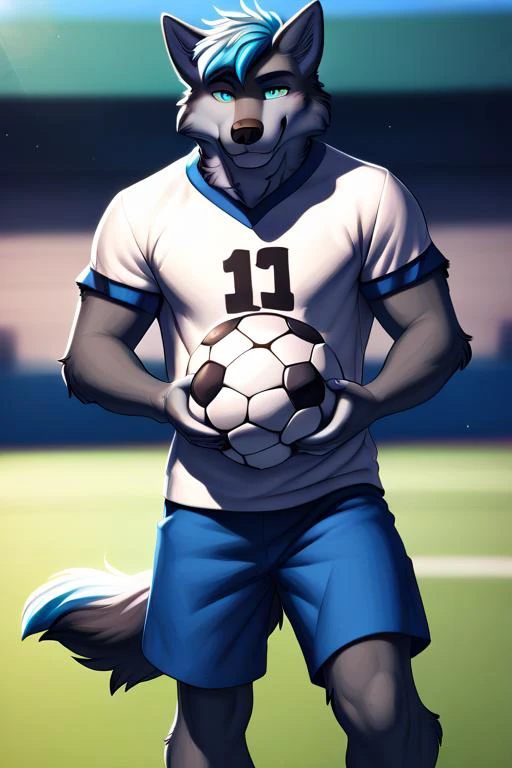 score_9, score_8_up, score_7_up, score_6_up, score_5_up, score_4_up, source furry, handsome solo male wolf at football field, hair, detailed hair, detailed football field background, interacting with background, detailed fur, full body view, white T-shirt, blue shorts, holding football (ball), wolf tail, grey fur, two-tone fur, light grey fur, front view, confident pose, detailed grass,  
<lora:add_detail:1>  <lora:BG2_dpep4+silicon29dim64:2> <lora:PDXL_artist_tags_v2_big:1> by meesh,