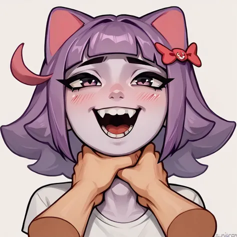 score_9, score_8_up, score_7_up,
<lora:lozhkin_pony:0.3> lozhkin, open mouth, big smile, accurate teeth with gaps, smile, blush,
neck_grab, throat_grab, <lora:neck_grab_pony:0.9:0.9>
masunya, masyunya (vkontakte), masyunya /(vkontakte/), cat ears, purple skin color, hair bow, (purple hair color:1.1), <lora:masunya-masyunya_ponyXL_v1:0.8>
<lora:PDXL_artist_tags_v2_big:1>