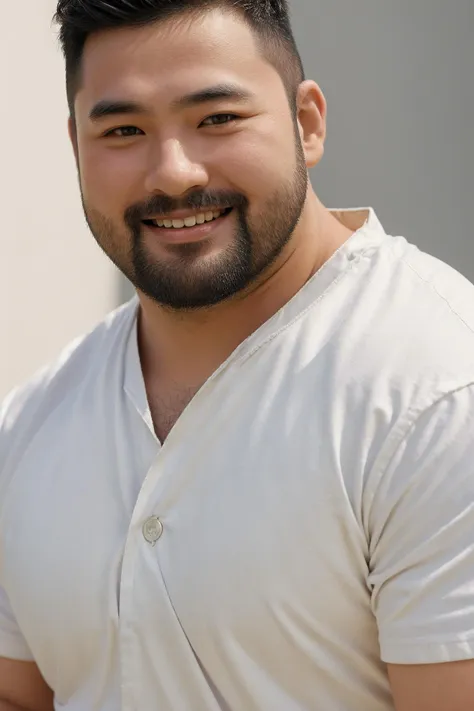 masterpiece,best quality,1boy,asians,((close up portrait:1)),black hair,face front,smile,upper body:1,studio light,studio,side light,makeup portrait,style,((fat)),bearstyle,tooling,shirt,stubble,white background,