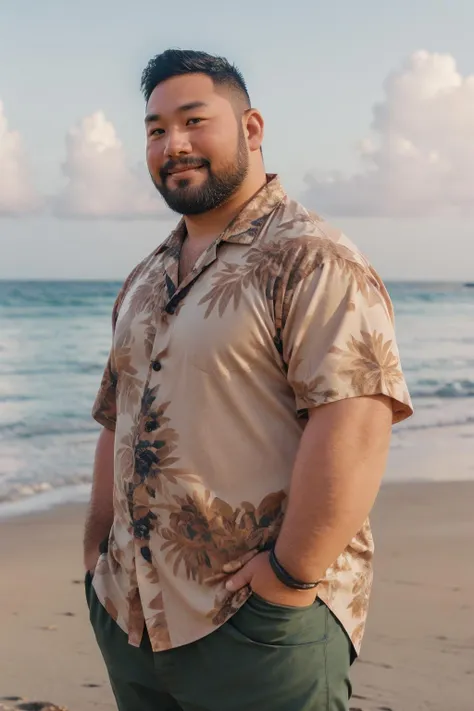 1boy,(upper body:1.5),
asians,stubble,bear style bearstyle,hawaiian shirt,sea,beach,fat,