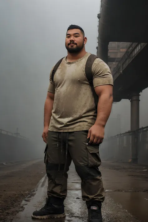 ((upper body:1.5)) 1boy stands in the center,short hair,asians,stubble,fat,he is located in a misty industrial pipe,with a lot of tall buildings and big road,He outfit was cool,reflected in the dusty dark and misty industrial pipe,bear style bearstyle,