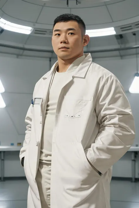 ((1boy stands in the center)),labcoat,((upper body:1.5)),(close up:1.4),
short hair,asians,bear style bearstyle,He is located in a bright and pure white future laboratory tunnel with smooth white walls,Chemical suits,