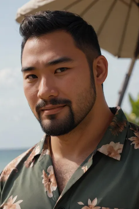 (upper body:1.5),(close up:1.4),
asians,stubble,bear style bearstyle,hawaiian shirt,sea,beach,