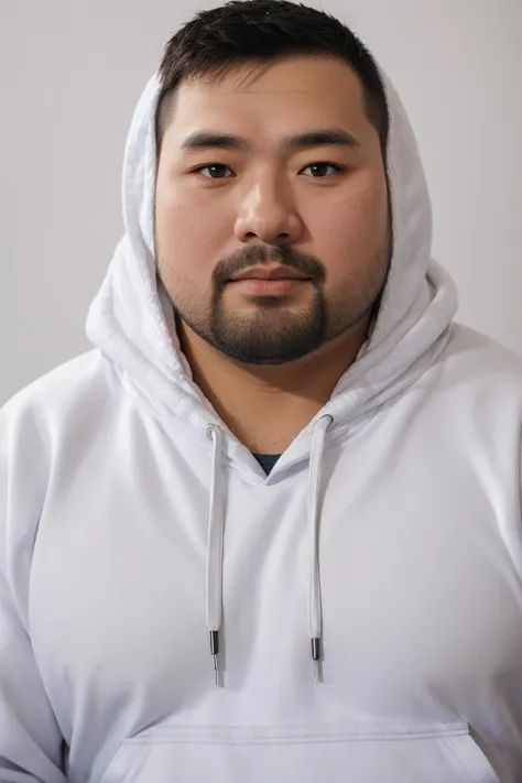 masterpiece,best quality,1boy,asians,((close up portrait:1)),face front,upper body:1,studio light,studio,side light,makeup portrait,style,((fat)),bearstyle,hoodie,stubble,white background,