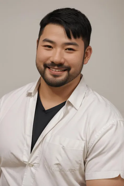 masterpiece,best quality,1boy,asians,((close up portrait:1)),black hair,face front,smile,upper body:1,studio light,studio,side light,makeup portrait,style,((fat)),bearstyle,tooling,shirt,stubble,white background,