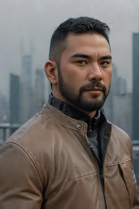 ((1boy stands in the center,((upper body:1.5)),(close up:1.4),short hair,asians,stubble,bear style bearstyle,leather_jacket,he is located in a misty city with a lot of tall buildings and big road,reflected in the overcast sky and floating misty city road,