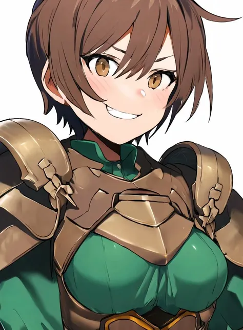 (rance), blown hair, brown eyes, short hair, green tunic, under shirt, chest plate, (armor), breasts, face focus, women, strong jaw, hips, smile, hands on hips, messy hair,  smug, cheeky, blush, spiky hair,<lora:rance_V1:0.85>