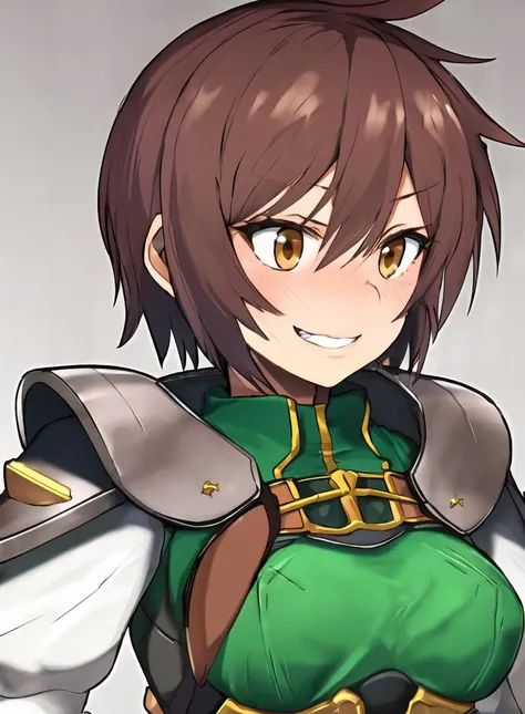 (rance), blown hair, brown eyes, short hair, green tunic, under shirt, chest plate, (armor), breasts, face focus, women, strong jaw, hips, smile, hands on hips, messy hair,  smug, cheeky, blush, spiky hair,