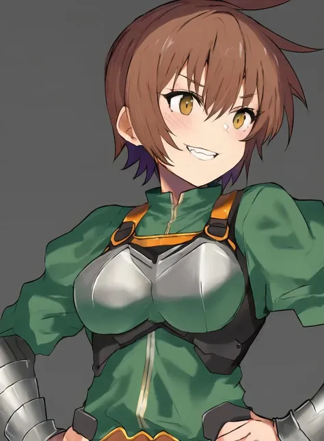 (rance), blown hair, brown eyes, short hair, green tunic, under shirt, chest plate, (armor), breasts, face focus, women, strong jaw, hips, smile, hands on hips, messy hair, teeth, smug, cheeky, blush, spiky hair,