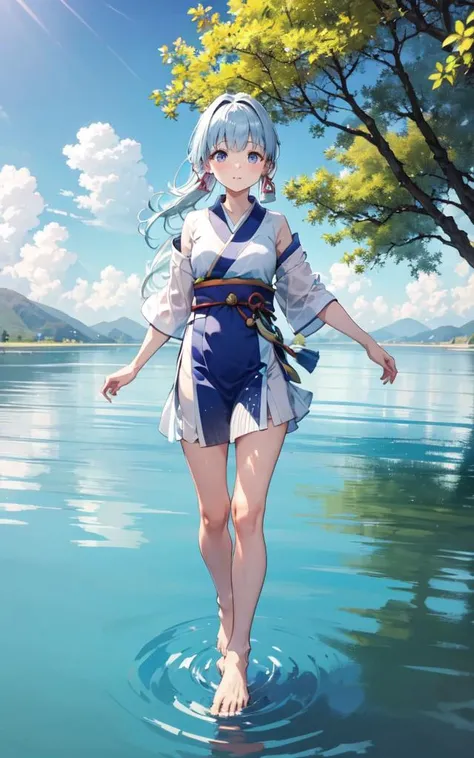 lake, sky, sky and water merge at the horizon, <lora:meinamix_ayaka_v2:0.8>, kamisato, dancing in the water, bare legs, barefoot, perfect toes