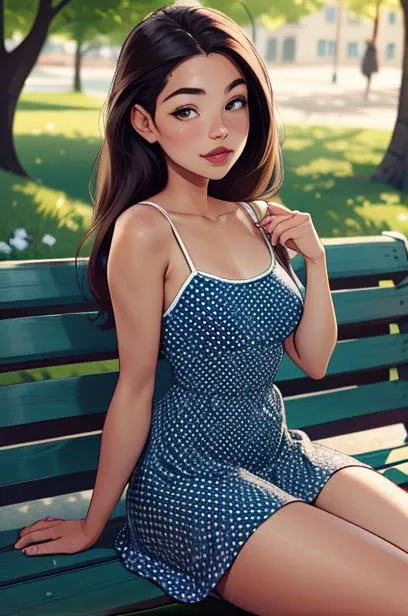 1girl, young Woman, Thick thighs, small breast,(polka dot sundress), sitting at bench in a park <lora:IlluminatingJabMix:0.85>