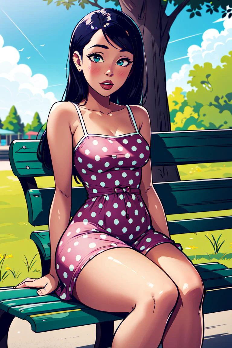 1girl, young Woman, Thick thighs, small breast,(polka dot sundress), sitting at bench in a park
<lora:IlluminatingJabMix:0.85>