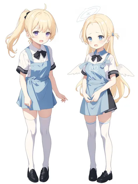 2girls, thighhighs, solo, long hair, shoes, ponytail, white legwear, blush, purple eyes, short sleeves, bow, standing, white shirt, full body, black footwear, open mouth, blue apron, blonde hair, simple background, black bow, loafers, white background, bangs