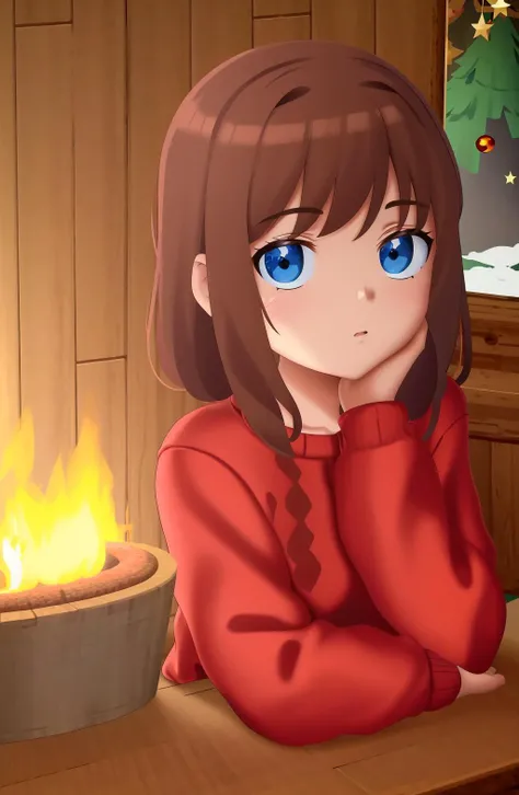 doompypomp, doompypomp style, masterpiece, 1girl, solo, (((portrait shot))),, looking at viewer, blue eyes, long brown hair, Christmas sweater, background: indoors, winter log cabin with a burning fire place, Christmas tree, <lora:DoompyPomp Style:1>