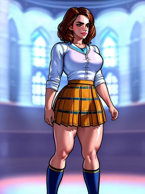 1girl, solo, emma watson, hermione granger, walking, muscular female, muscular, freckles, indoors, thick eyebrows, (((realistic))), (((photorealistic))), hogwarts school uniform, pleated skirt, kneehighs, mary janes, volumetric lighting, large breasts,, masterpiece, best quality, realistic, photorealistic, 8K, hyper detailed, shot on nikon canon hasselblad, 35mm, filmic, dslr, srgb, shot on 70mm