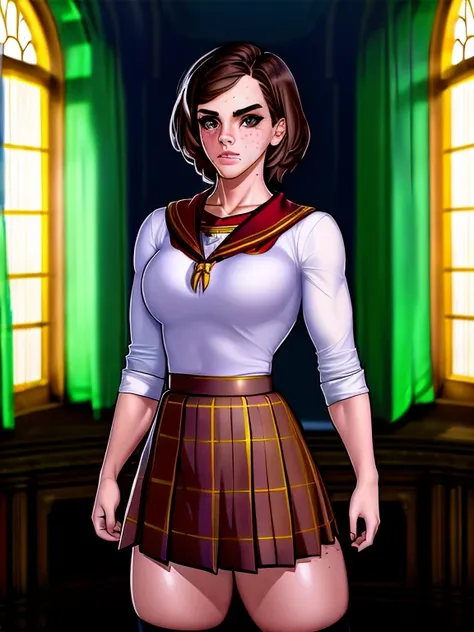 1girl, solo, emma watson, hermione granger, walking, muscular female, muscular, freckles, indoors, thick eyebrows, (((realistic))), (((photorealistic))), hogwarts school uniform, pleated skirt, kneehighs, mary janes, volumetric lighting, large breasts,, masterpiece, best quality, realistic, photorealistic, 8K, hyper detailed, shot on nikon canon hasselblad, 35mm, filmic, dslr, srgb, shot on 70mm