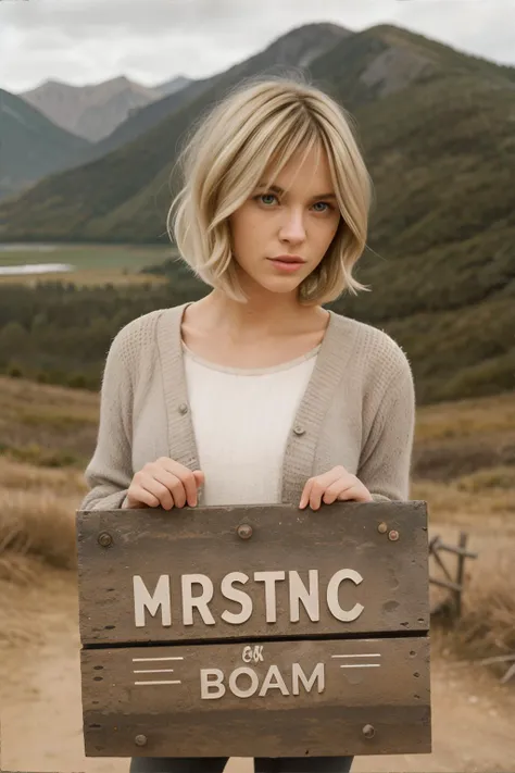 <lora:filmgrain-aitana:0.8>, film grain, adult woman, Coconut Cream Blonde Medium Length Textured Bob Hairstyle, Gray eyes, A mountain scene with a rustic wooden sign pointing to various trails || <lora:filmgrain-aitana:0.2>, film grain, masterpiece, 8k, high resolution, shallow depth of field, sharp focus