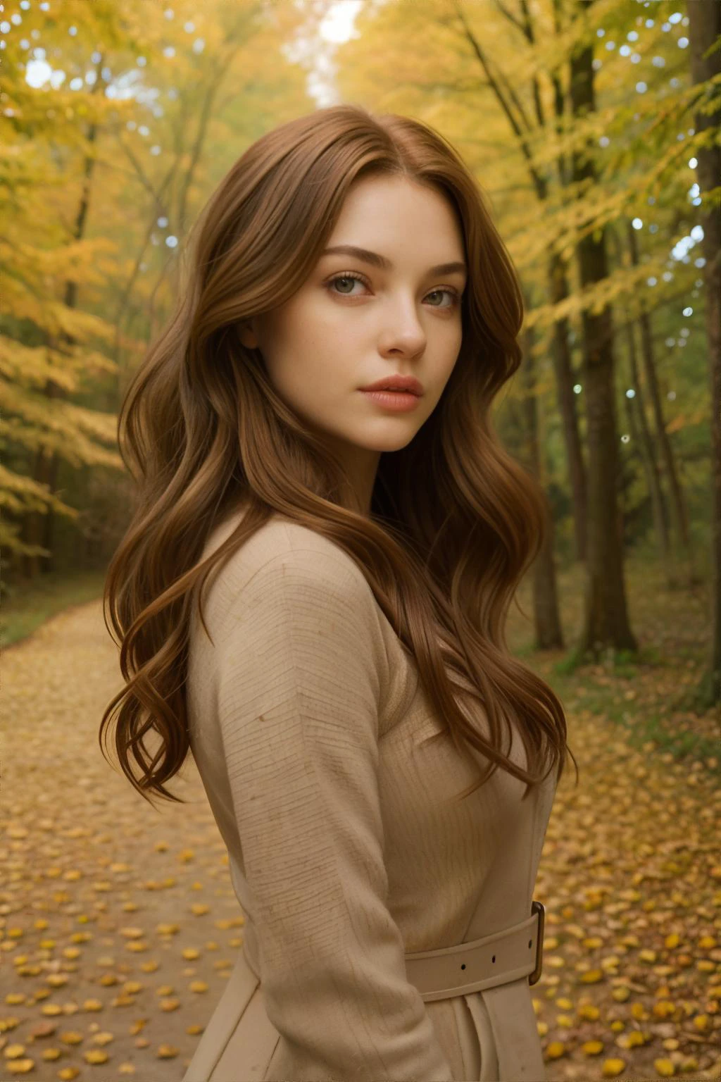 <lora:filmgrain-aitana:0.8>, film grain, adult woman, Light Auburn Long Loose Curls Hairstyle, Light Brown eyes, A forest scene with a winding path covered in fresh autumn leaves || <lora:filmgrain-aitana:0.2>, film grain, masterpiece, 8k, high resolution, shallow depth of field, sharp focus