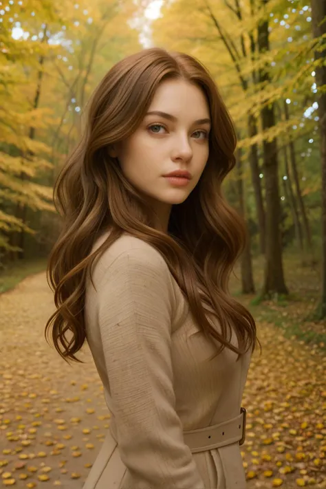 <lora:filmgrain-aitana:0.8>, film grain, adult woman, Light Auburn Long Loose Curls Hairstyle, Light Brown eyes, A forest scene with a winding path covered in fresh autumn leaves || <lora:filmgrain-aitana:0.2>, film grain, masterpiece, 8k, high resolution, shallow depth of field, sharp focus