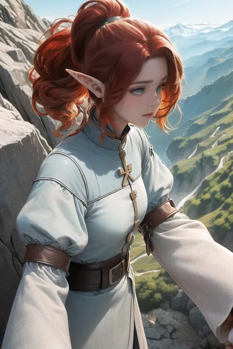 8k, 4k, intricate details, cinematic lighting, stunning environment, ornate, (realistic:1.2), detailed face, detailed eyes, detailed shadows, ((upper body)), (((smooth chin))), ((((bishop clothes)))), ((((an energetic girl,  short ponytail, red hair, elf ears, heterochromia)))), (((( in a cordillera rocky path, precipice on the side, beautiful landscape))))  <lora:dishwasher1910 style by goofy ai:1.6> dishwasher1910 style,  <lora:outline:1> (anime outline)