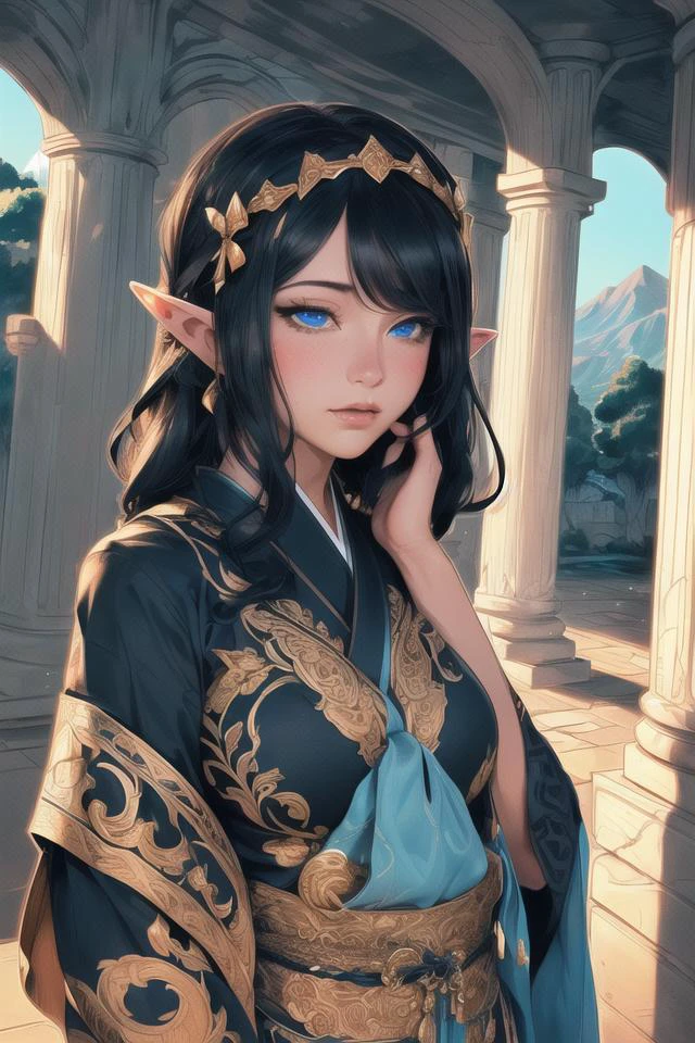 8k, 4k, intricate details, cinematic lighting, stunning environment, ornate, (realistic:1.2), detailed face, detailed eyes, detailed shadows, ((upper body)), (((smooth chin, nsfw))), ((((dancer clothes)))), ((((a difficult girl, bow-shaped hair, black hair, elf ears, blue eyes)))), (((( in an oriental city in the sky, big ornated pillars, beautiful landscape)))) <lora:dishwasher1910 style by goofy ai:1> <lora:enhancer_add_detail_ti_f16:1> (character colored outline:1.7), (outlined character:1.7)