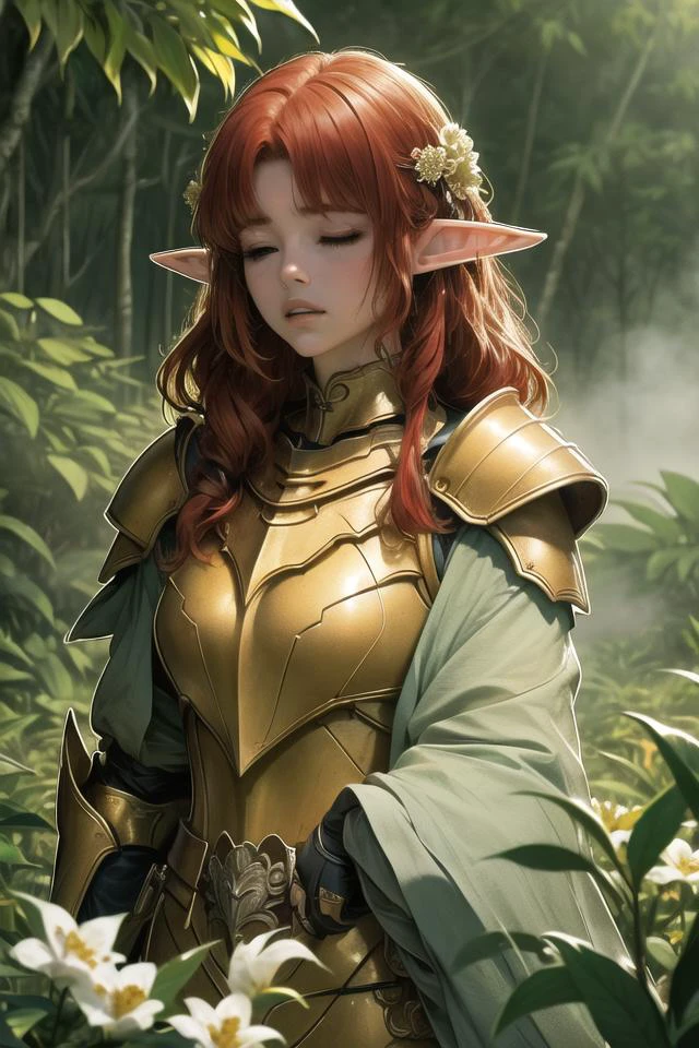 8k, 4k, intricate details, cinematic lighting, stunning environment, ornate, (realistic:1.2), detailed face, detailed eyes, detailed shadows, ((upper body)), (((smooth chin))), ((((gold knight armor)))), ((((a sleepy girl, chonmage, red hair, elf ears, black eyes)))), (((( in a foggy and dense jungle, full of flowers, beautiful landscape)))) <lora:dishwasher1910 style by goofy ai:1.6> dishwasher1910 style, <lora:outline:1> (anime outline)