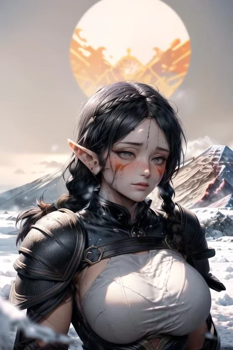 ((masterpiece:1.2, best quality)), 1aldy, solo, king, (Alphonse Mucha:1.1), ((upper body:1.2)), (round chin:1.6), large_breast, ((((fur armor)))), ((((low-braided long hair, black hair, a difficult girl, grey eyes, elf ears)))), ((((in a snowy volcano, cinder snow, beautiful landscape)))), <lora:GVT:1.6> <lora:Conctept_More-details:1>