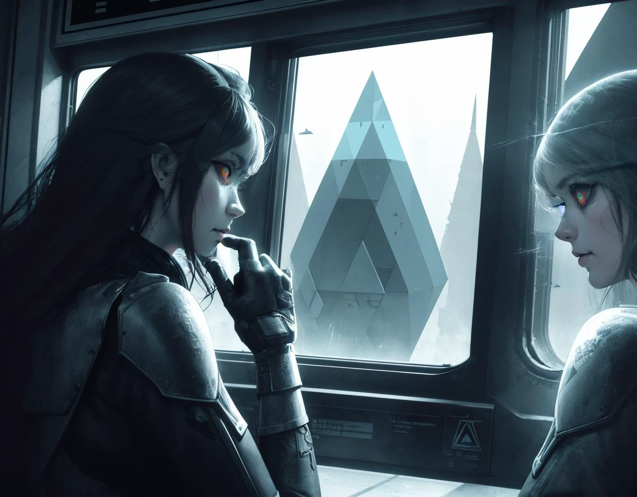 three cornered window, back of head shot of (woman looking out of triangle window:1.1), 3rd person, Looking out the triangular window of a (train:1.1) with triangular windows, triangular windows and triangular, wheels, in a fantasy world,
psychedelic, geometric, vivid light, high contrast, triadic colors, dark shadows, explosions, nuclear mushroom cloud, nuclear explosion, dystopian nightmare,
(beautiful composition),
21 yo woman,