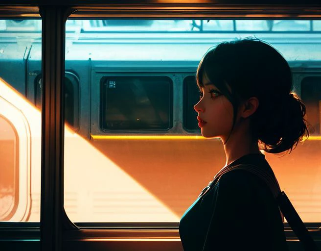 back of head shot of (woman looking out of a window:1.1), 3rd person, Looking out the triangular window of a (train:1.1) with triangular windows, triangular windows and triangular, wheels, in a fantasy world,
psychedelic, geometric, vivid light, high contrast, triadic colors, dark shadows,
(beautiful composition),, photorealistic, photograph, photo, dlsr, Fuji Film, extremely high detail, (volumetric lighting), (dynamic lighting), godrays, Rembrandt lighting, real shadows, intricate detail