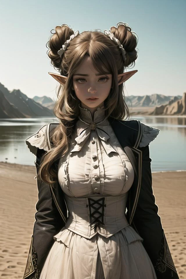 8k, 4k, intricate details, cinematic lighting, stunning environment, ornate, (realistic:1.2), detailed face, detailed eyes, detailed shadows, ((upper body)), (((smooth chin))), ((((time mage clothes)))), ((((a victorian girl, doughnut hair bun, lightbrown hair, elf ears, white eyes)))), (((( in a desert, in front of an huge lake, beautiful landscape)))) <lora:dishwasher1910 style by goofy ai:1.6> dishwasher1910 style, <lora:outline:1> (anime outline:0.8)