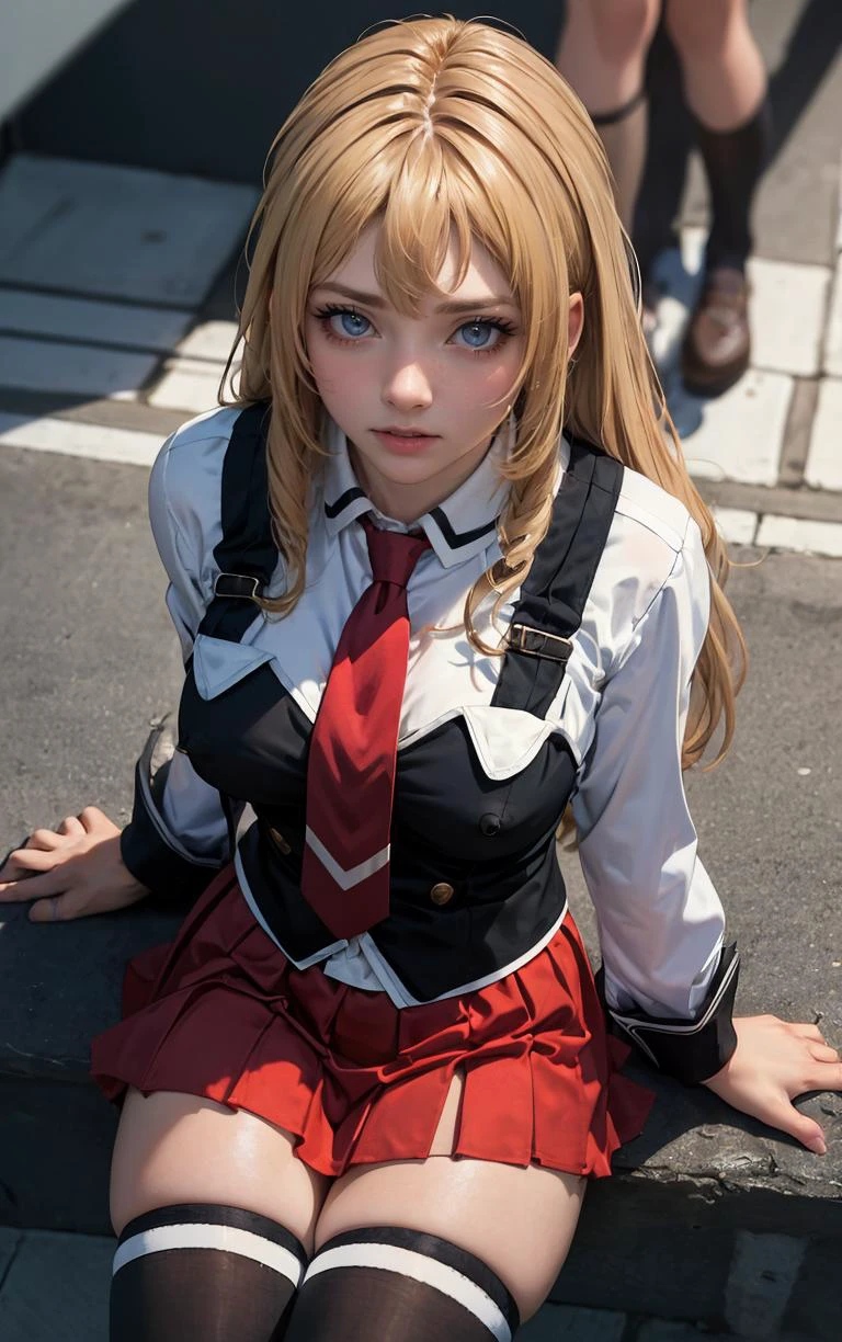 ((masterpiece, best quality)), insaneres, absurdres, solo, outdoors,
CLOTHING_BibleBlack_SchoolDress_ownwaifu,
1girl, blonde hair, long hair, blue eyes,
black vest, red skirt, white shirt, collared shirt, suspenders, school uniform, black thighhighs, zettai ryouiki, necktie, long sleeves, pleated skirt, red necktie,
(from above, sitting)<lora:CLOTHING_BibleBlack_SchoolDress_ownwaifu:0.9>,
lens flare, depth of field, bokeh, embers, vanishing point, looking at viewer,