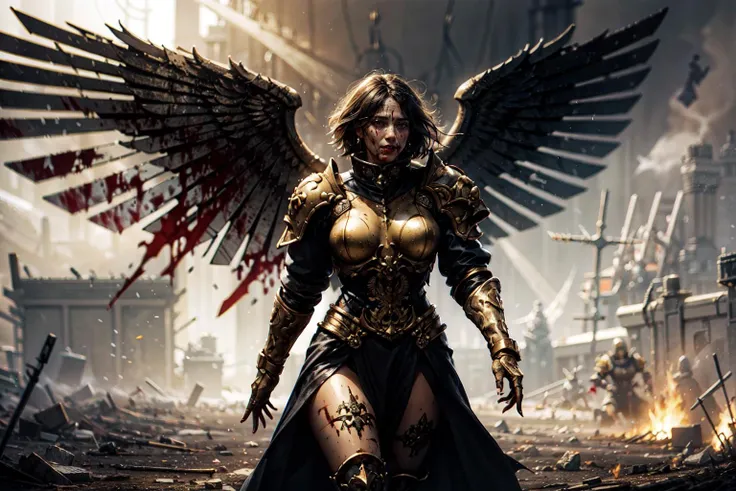 (AS-MidAged:1.3), (highres, absurdres, realistic, masterpiece, best quality, detailed), 1girl, (mature) woman, bruise, scar, blood, black hair, short hair, light halo, dirt, wings, golden armor, seal, horror \(theme\), dark, warhammer 40k, cowboy shot, <lora:Saint Celestine MK1 by CARAXES:0.5><lora:add_detail:0.5>