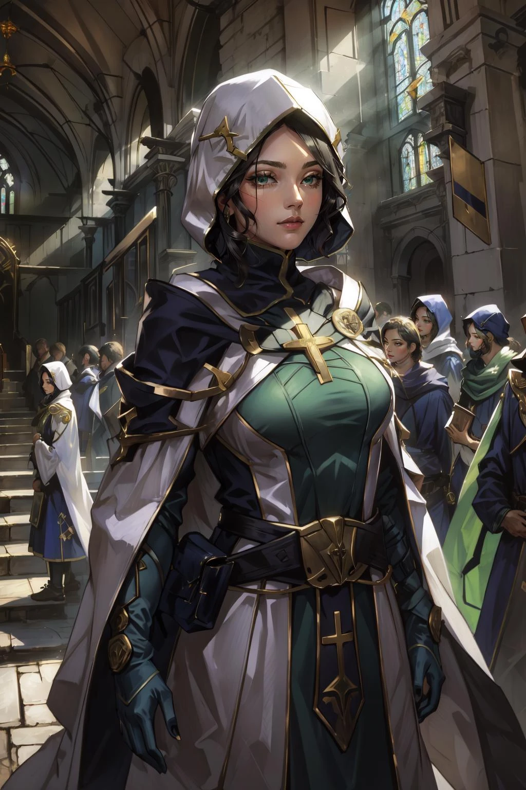 (masterpiece, best quality), intricate details,
1girl, <lora:viper-nvwls-ver2-final:0.8> viper \(valorant\), green eyes, valorantViper
<lora:Clothing - Dark Priest:0.8> darkpriest, white robe, cloak, hood, cross,
BREAK church, indoors, temple,