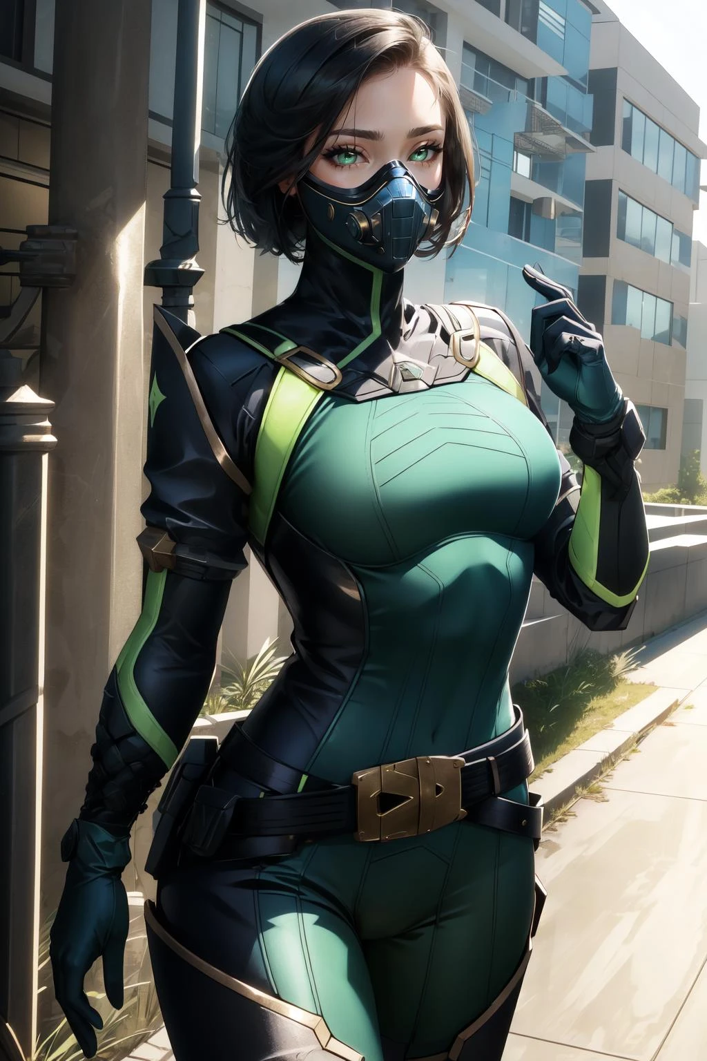 (masterpiece, best quality), intricate details,
1girl, <lora:viper-nvwls-ver2-final:0.8> valorantViper, green eyes, bodysuit, gloves, belt, thigh boots, respirator,