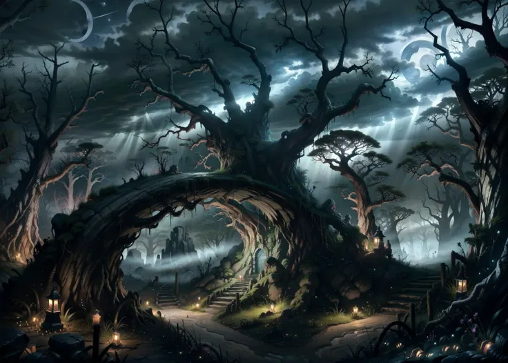 Imagine a scene in a dark fantasy realm, depicting a hair-raising forest landscape. Picture trees with hunched and twisted forms, creating a mysterious canopy that obscures the sky in the depths of the forest. Mist clouds swirl within the forest, accompanied by mysterious sounds echoing between the trees. The ground is covered in dead branches and root systems resembling twisted asylums, creating a dark and eerie atmosphere. Shadows wandering through the forest give the impression of creatures with eyes gleaming in the dark. This scene exudes both an awe-inspiring and spine-chilling darkness, enchanted forest, (midnight:1.6, night time:1.6), (master piece:1.4, best quality:1.4, intricate details, sharp focus, UHD, 8K, Ultra Detailed 8K CG, extremely detailed CG unity 8k wallpaper, ultra high res, High quality texture, High quality shadow, cinematic lighting, dark colors,HDR), <lora:FantasyLandscape-10:1>