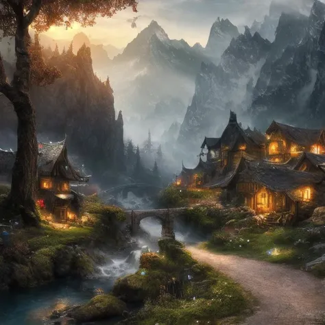(masterpiece:1.2), (best quality,:1.2), 8k, HDR, ultra detailed, ((photorealistic)), professional light, cinematic lighting, fashion photography, ambient lighting, fantasy, background, a small settlement in the mountains with a waterfall and a bridge, <lora:detail_slider_v4:1>, FanLan, <lora:FantasyLandscape-10:0.7>, epiCPhoto,