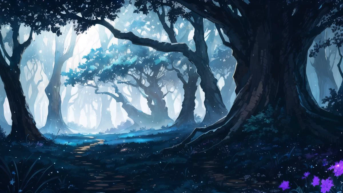 (view from inside a forest:.4), walled city in the distance, forested hills, (small moon:.6), creek, (rough dirt path:1.1), watercolor, night, stars, chiaroscuro, <lora:FantasyLandscape:.6>, <lora:epi_noiseoffset2:.4>, thick woodlands, flora, dynamic angle, art by evan cagle and greg rutkowski, large trees, tree trunk in foreground,