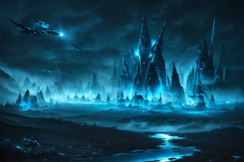 Oil painting by ZdzisÅaw BeksiÅski, fantastic period
BREAK
(dark and blue theme), a cybernetic apocalyptic landscape, metallic pyramids along a river in a valley, swarms of machines in the sky, ethereal fog, light pollution,
BREAK
<lora:more_details:0.18>, abstract, horror, (masterpiece:1.15), (high quality:1.15), intricate details, highres, absurdres, rim lights, soft illumination, sharp focus, bokeh, accurate, dark and depressive, dark studio, <lora:epi_noiseoffset2:0.7>, <lora:FantasyLandscape:0.65>