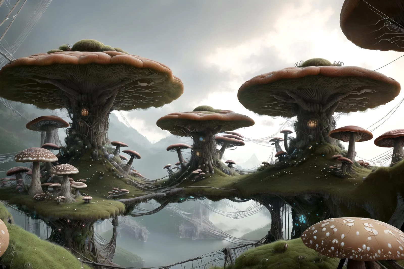 magical forest, spores, fungus, rope bridge, large mushroom houses, fantasy village, FanLan, <lora:FantasyLandscape:0.6>,
BREAK webbedtech, fuzzy organic webs, scifi, spider webs, <lora:WebbedTech:.7>
BREAK masterpiece, best quality, maxres, beautiful detail, 8k, picture-perfect