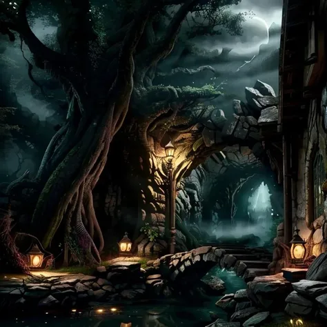 (masterpiece:1.2), (best quality,:1.2), 8k, highly detailed, fantasy, (extremely intricate), (photorealistic), professional light, cinematic lighting, ambient lighting, FanLan, <lora:FantasyLandscape-10:1>, a dark, sinister forest with a waterfall and a bridge
