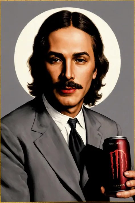 ((cathedral)),full portrait,<lora:Christ_Living_lora-fp32-no-ema-clip-fix:0.9>,Jesus Christ,Charlie Chaplin's mustache,gray jacket,white shirt,red patch on the shoulder,<lora:HoldingMonsterEnergy:0.7>,HoldingMonsterEnergy,