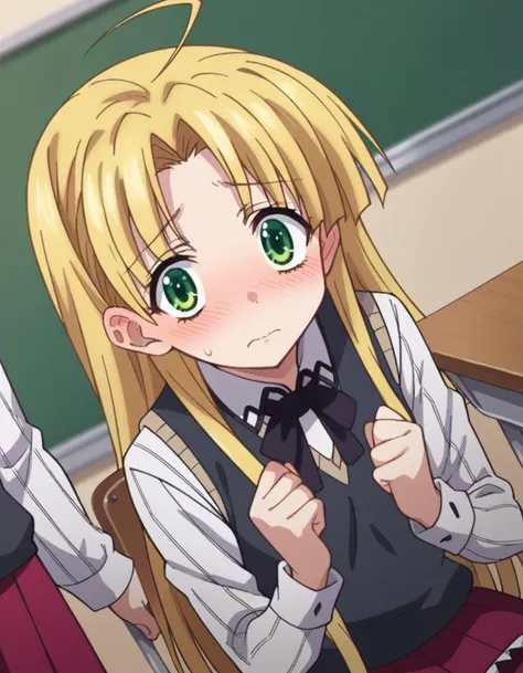 score_9, score_8_up, score_7_up, source_anime,
asiaargento, <lora:asia-argento-ponyxl-lora-nochekaiser:1>,
asia argento, long hair, blonde hair, green eyes, parted bangs, ahoge, blush, embarrassed,
skirt, shirt, long sleeves, ribbon, school uniform, pleated skirt, vest, red skirt, sweater vest,
indoors, classroom, sitting, desk, chair,
looking at viewer, dutch angle, cowboy shot,