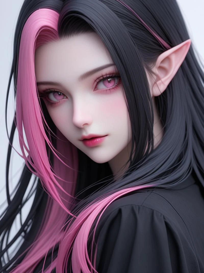 <lora:Draculaura1.0:1> draculaura, multicolored hair, pink hair, long hair, solo, black hair, streaked hair, two-tone hair, pink eyes, pointy ears, <lora:threeviews:1>