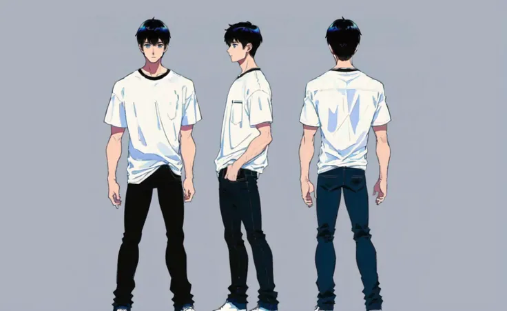 man, 20 year old, white shirt, short black hair, jeans, white sport shoes, blue eyes, academic student, ((threeviews, full body, simple background,multiple views)),simple background, three sided view, highres, high detailed, high quality, <lora:threeSidedViewLora_v1:1.0>