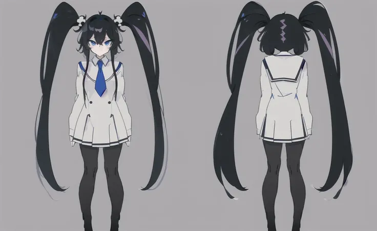 (masterpiece:1.2), 1milf, black twintail hair, stocking, blue eyes, highschoolgirl, ulzzang, schoogirl, schoolgirl uniform, high quality, simple background, three sided view, highres, ((threeviews, full body, simple background,multiple views)), white background, <lora:threeSidedViewLora_v1:1.0>